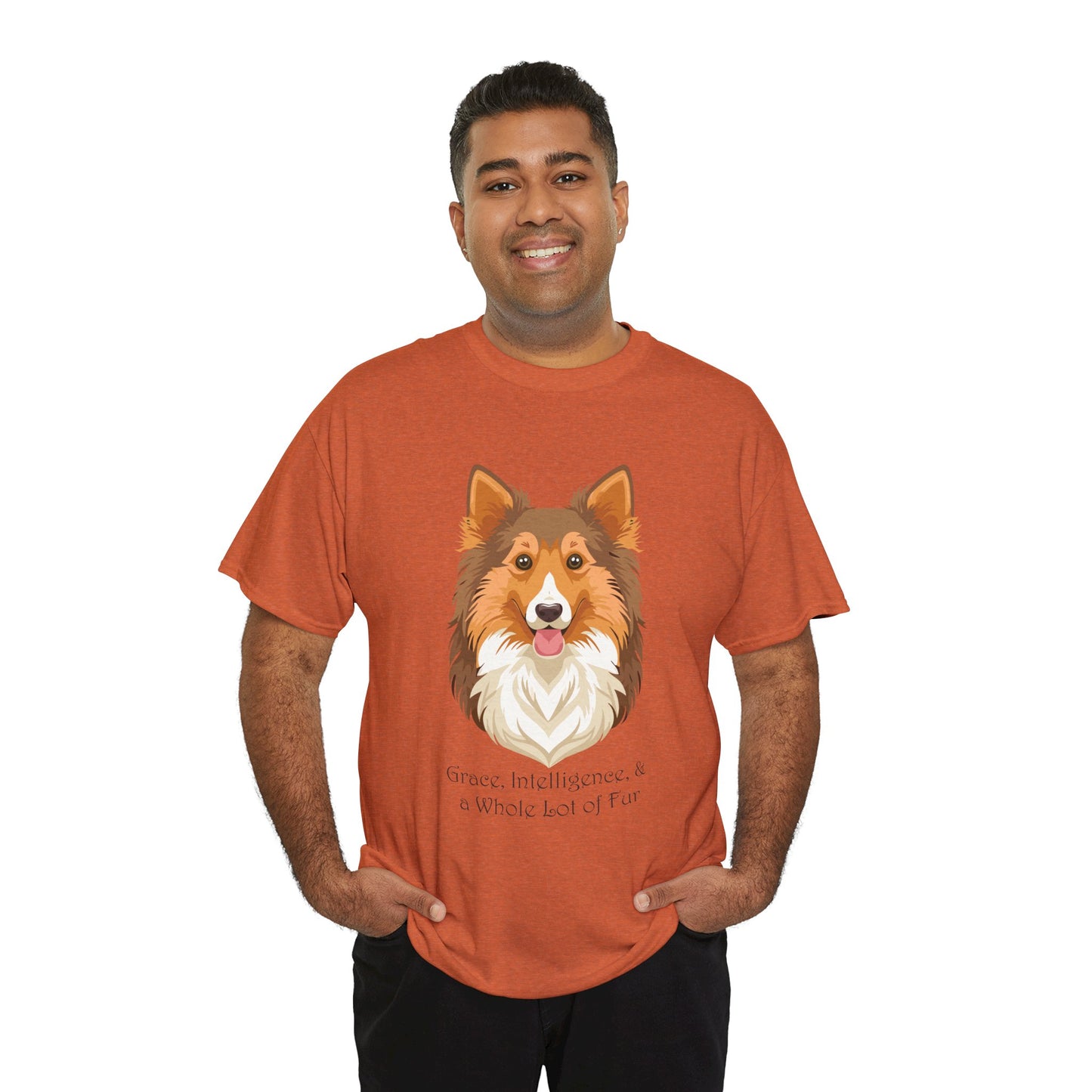 Camiseta unisex de algodón grueso con diseño de perro pastor de Shetland: gracia, inteligencia y mucho pelo
