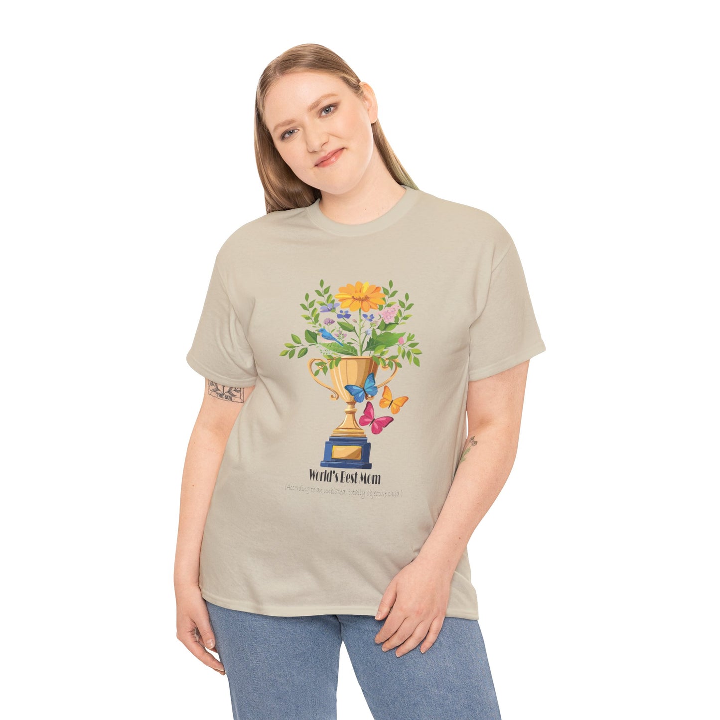Floral Trophy for Mom Unisex Heavy Cotton Tee - Celebrating Achievement with Butterflies