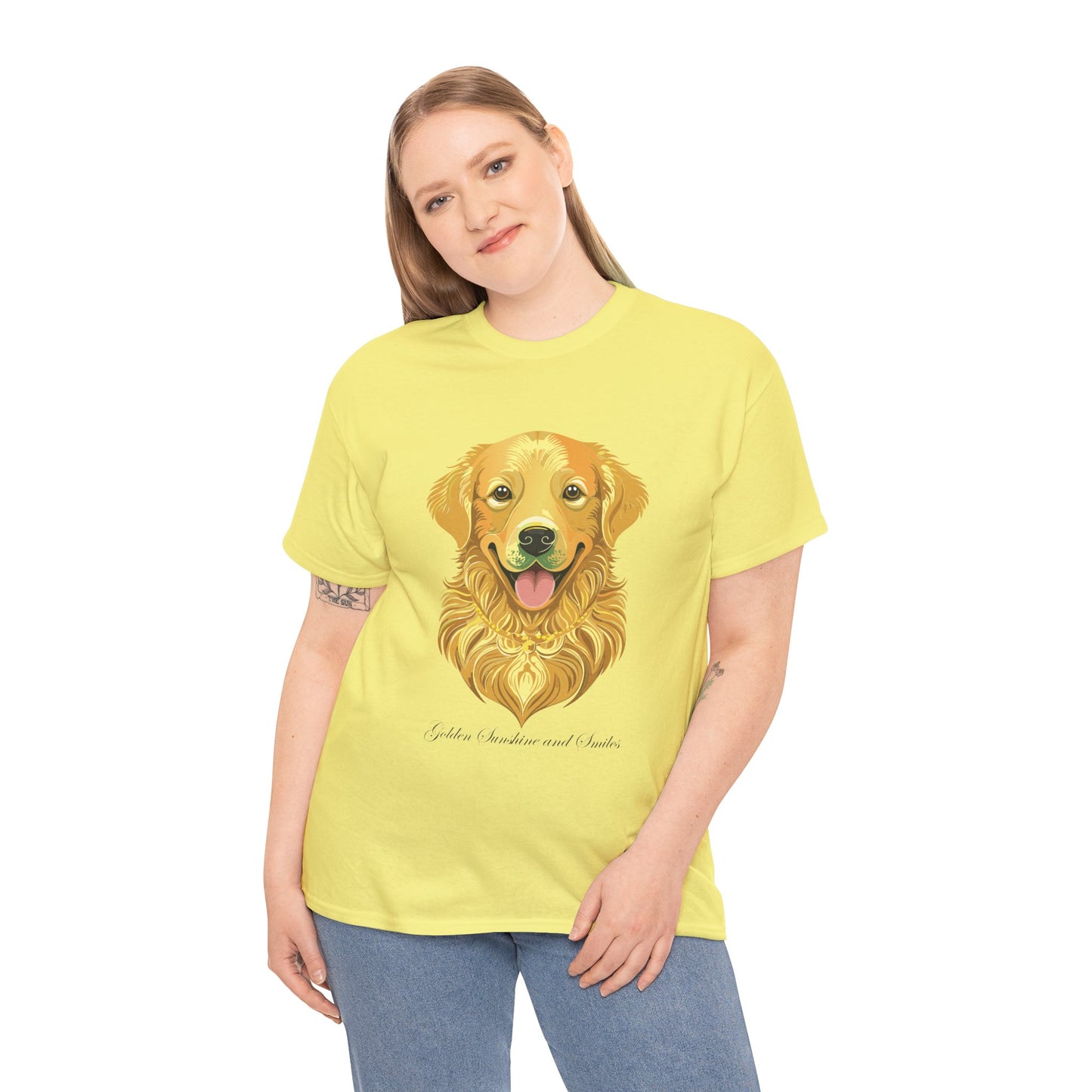 Golden Retriever - Camiseta unisex de algodón grueso con sol y sonrisas doradas