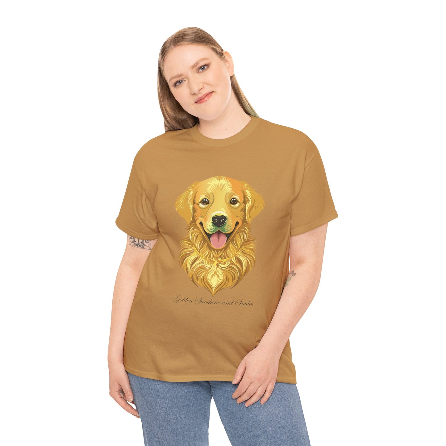 Golden Retriever - Camiseta unisex de algodón grueso con sol y sonrisas doradas