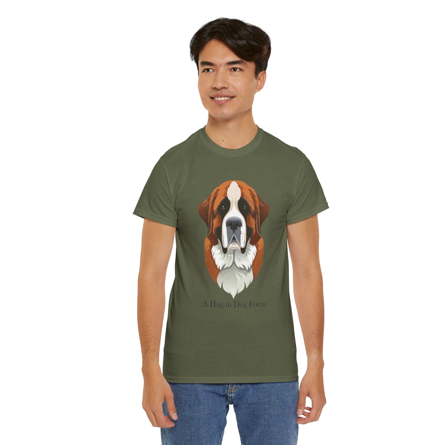 Camiseta unisex de algodón grueso con diseño de San Bernardo: Un abrazo en forma de perro