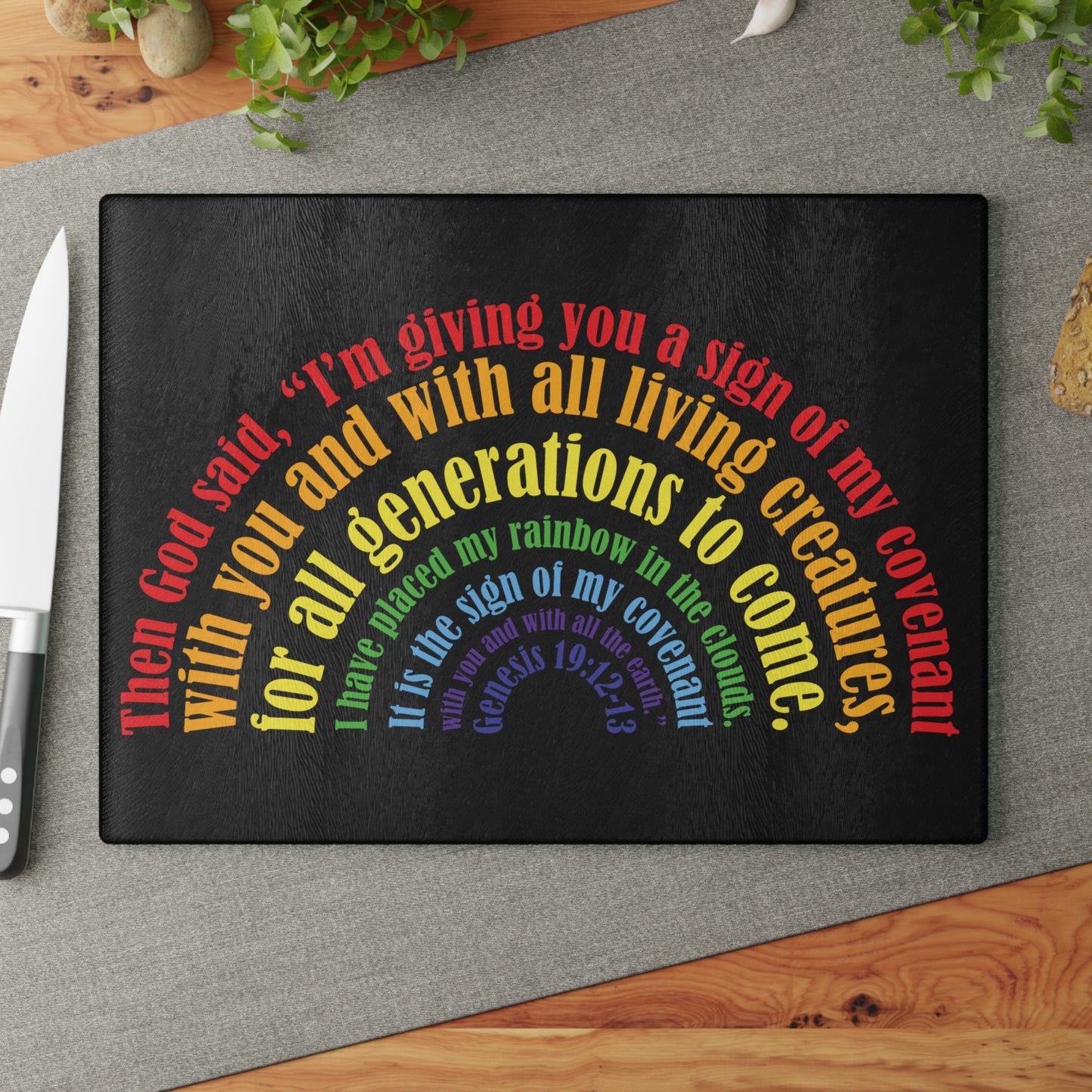 Tabla de cortar de vidrio inspiradora: diseño colorido con versículos bíblicos para cocinar en casa y regalar.