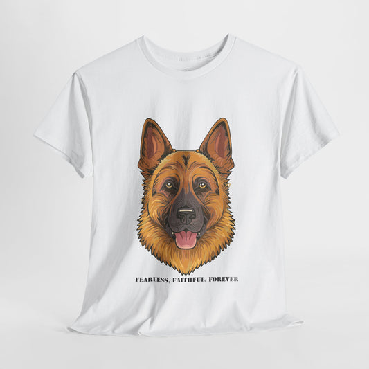 Camiseta unisex de algodón grueso con diseño de pastor alemán: valiente, fiel y eterno. 