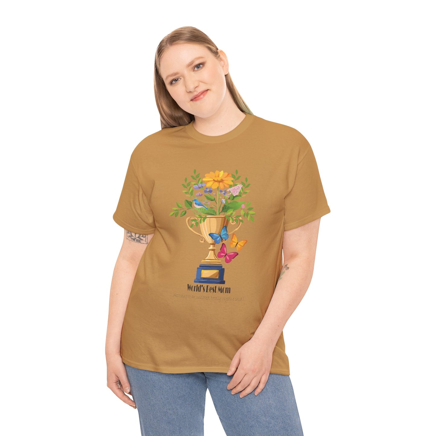 Floral Trophy for Mom Unisex Heavy Cotton Tee - Celebrating Achievement with Butterflies