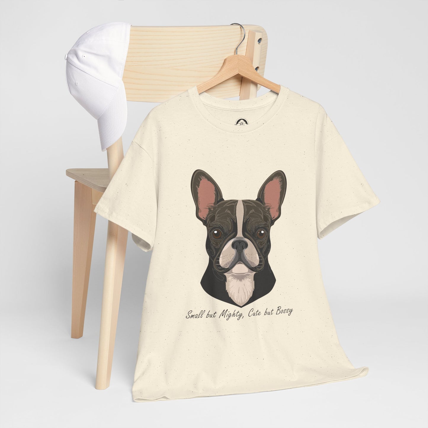Camiseta unisex de algodón grueso con diseño de bulldog francés: pequeño pero poderoso, lindo pero mandón. 
