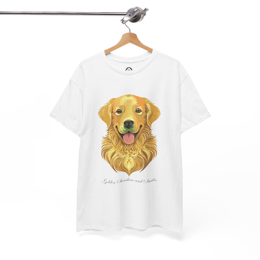 Golden Retriever - Camiseta unisex de algodón grueso con sol y sonrisas doradas 
