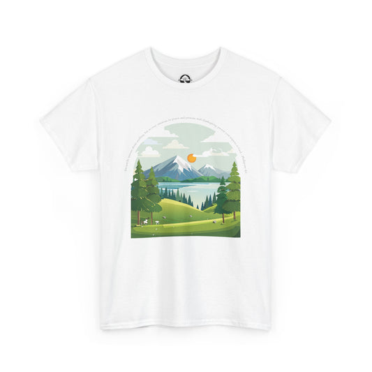 Camiseta unisex de algodón grueso inspirada en la naturaleza con texto bíblico: perfecta para amantes de las actividades al aire libre. 