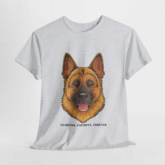 Camiseta unisex de algodón grueso con diseño de pastor alemán: valiente, fiel y eterno. 