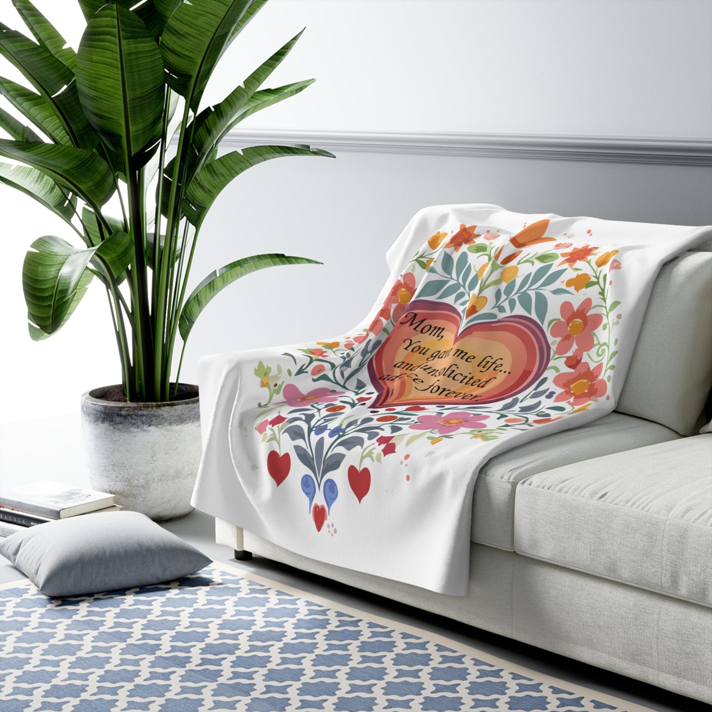Mom Heart Floral Sherpa Fleece Blanket - Cozy Gift for Mother's Day and Year-Round Comfort